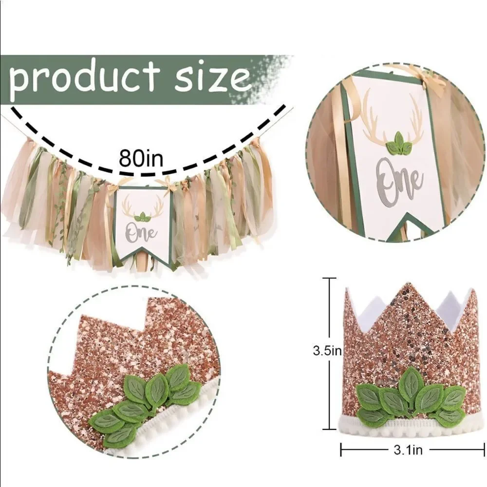 Woodland First Birthday Decorations ONE high chair banner and gold sparkly crown